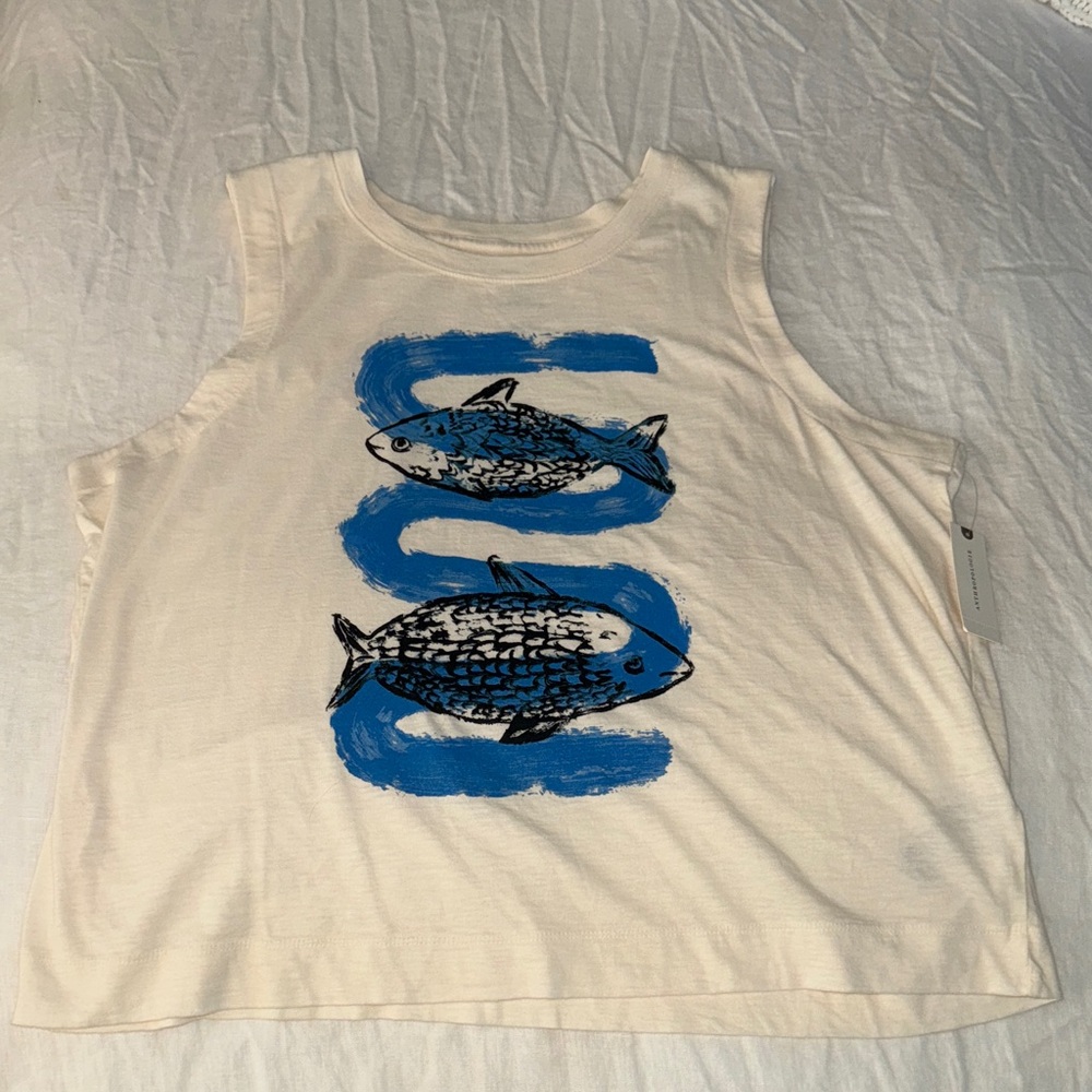 Maeve Cream and Blue Fish Print Top